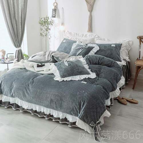 正品韩式公主风兔兔四件套床上珊绒加厚兰瑚绒床裙法被套水晶双面