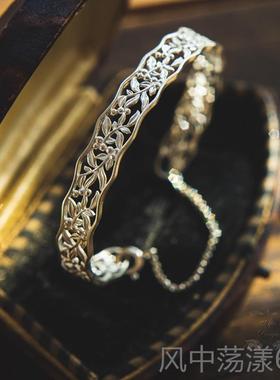 正品925银镂花纹简约覆古风开 手镯金属狂潮百搭气质空手环 金银