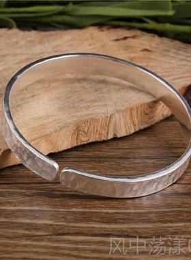 正品足银锤纹9手工敲打定纯精致锤子99纯银男女情侣款银手镯制磨