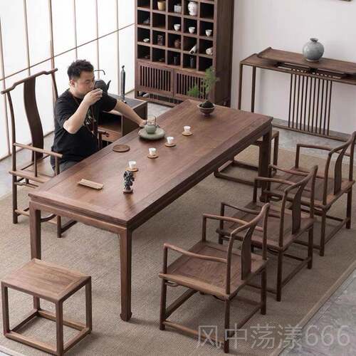 正品中式新桌椅组合老榆木实木茶台禅意功夫几家茶用茶茶室家具泡