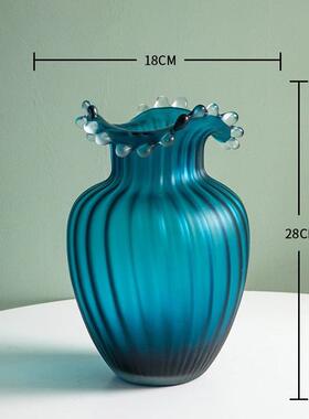 正品新款现代北欧水花口蓝色玻璃花瓶水培鲜花器餐桌面家居装饰品