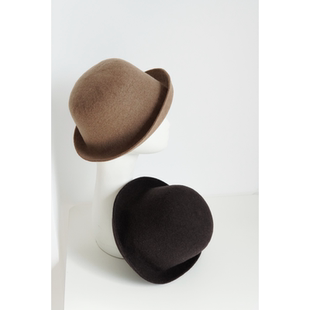 dayuu.100%wool简约高级羊毛盆帽可卷边秋冬防风渔夫帽女圆顶气质