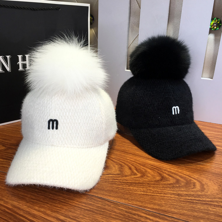 帽子女网红同款时尚百搭秋冬真狐狸毛球鸭舌帽韩版毛绒棒球帽男潮
