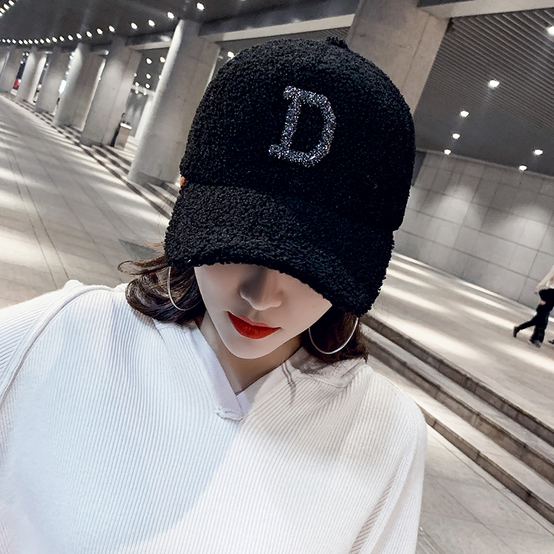 帽子女秋冬新款韩版明星同款字母鸭舌帽羊羔毛绒加厚保暖棒球男潮