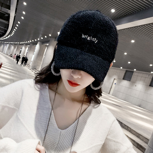 帽子女士韩版明星同款黑色棒球帽秋冬季加厚保暖毛绒字母鸭舌帽男