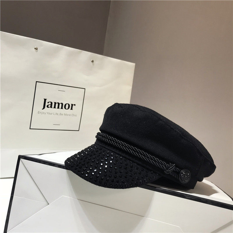帽子女网红明星同款日系秋冬水钻毛呢休闲黑色鸭舌帽英伦平顶帽潮