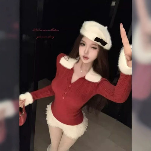 复古撞色毛毛领拼接长袖