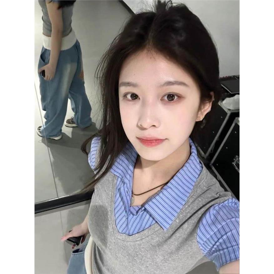 美式辣妹学院风假两件衬