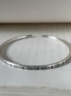 正品菩提树银下足银小鱼花纹复古做旧泰国纯手工银闭镯口女款手手