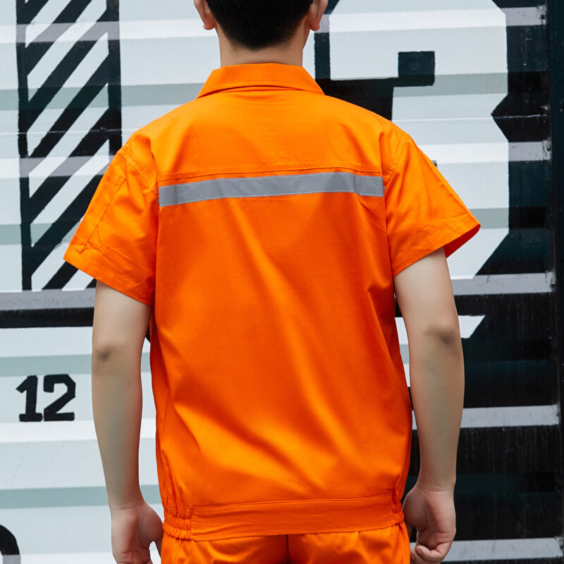 正品夏季纯棉薄款反光条工作服套装男短袖工厂耐磨工程劳保服定制