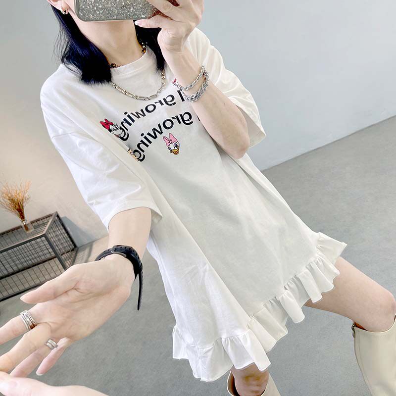 春夏新款韩版卡通米奇字母印花拼接荷叶边裙摆短袖T恤女宽松上衣