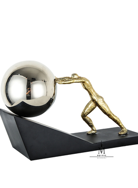 现代简约人物装饰摆设品创意树脂金属推球人家居软装客厅桌面摆件