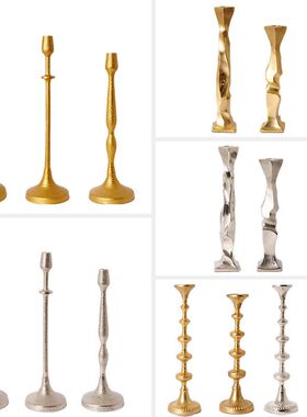 简约手工锤纹银色烛台装饰品轻奢复古金罗马烛台异形高脚铝制烛台