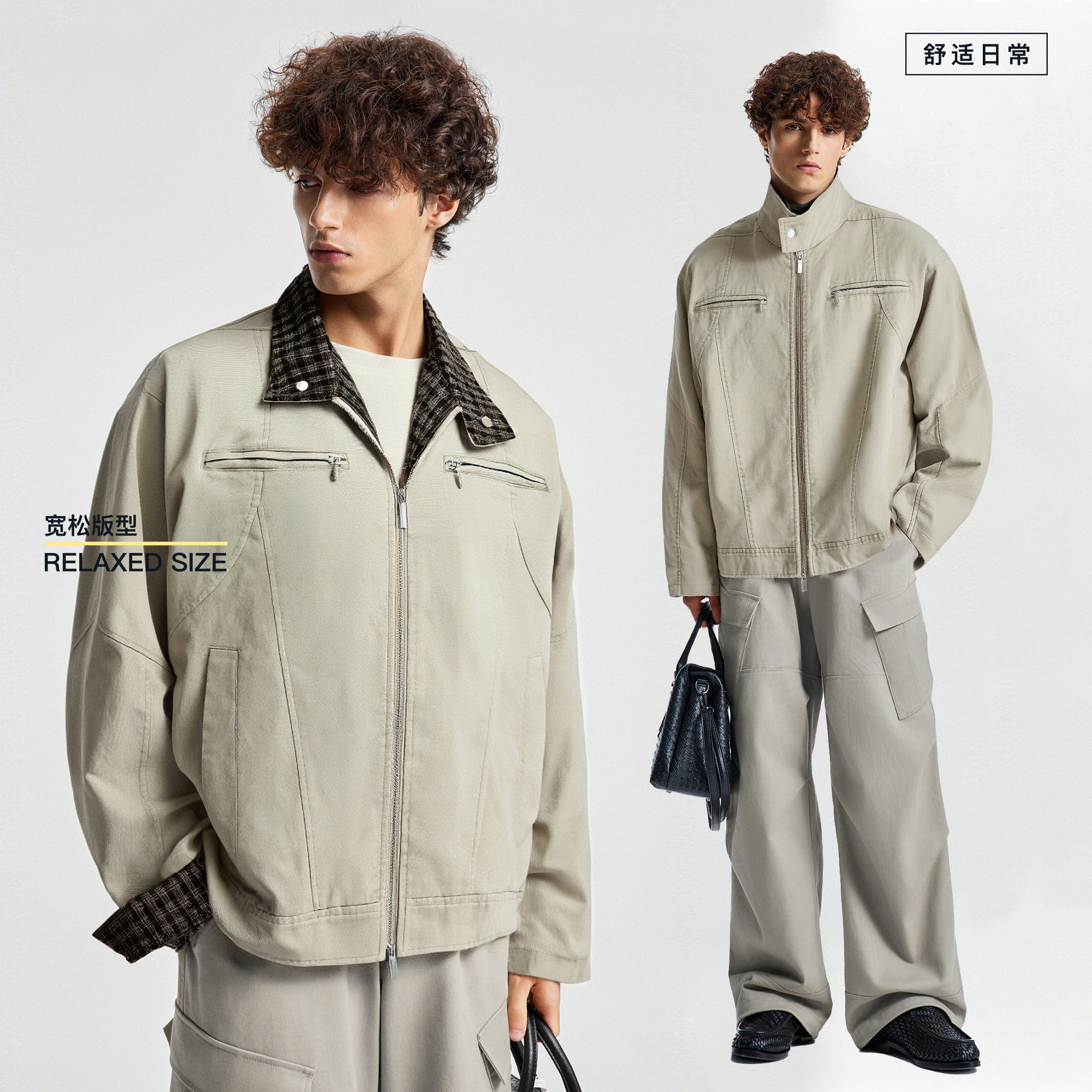 BODYDREAM BM新款重磅帆布哈灵顿夹克男老钱风千鸟格水洗立领外套