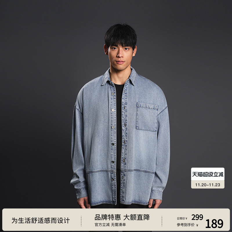 BODYDREAM BM牛仔衬衫拼接外套宽松休闲长袖衬衣男复古春秋款夹克