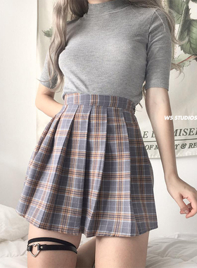 可爱少女复古高腰侧扣显瘦百搭格子格纹A字安全裤百褶半身短裙