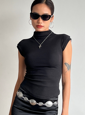 WS STUDIOS千禧年Y2K风格复古辣妹立领包袖纯色上衣圆弧下摆T恤女