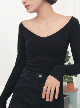 WS STUDIOS定制基本款大V领显瘦露锁骨收腰修身百搭长袖上衣T恤