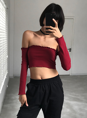 WSSTUDIOS欧美性感一字领高腰修身短款可爱木耳边薄款长袖T恤上衣