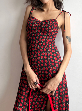 wsstudios法式复古玫瑰碎花连衣裙女肩部绑带收腰性感开叉a字长裙