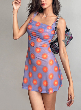 ws studios欧美可爱复古性感辣妹短裙方领波点弹力网纱背心连衣裙
