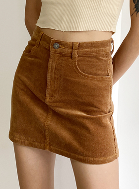WS STUDIOS 欧美复古灯芯绒a字短裙女高腰包臀修身显腿长半身裙