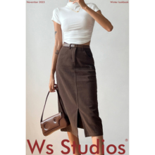 wsstudios 美式复古高腰显瘦前开叉直筒中长款牛仔半身裙女
