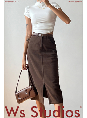 wsstudios 美式复古高腰显瘦前开叉直筒中长款牛仔半身裙女