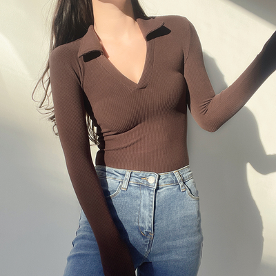 长袖辣妹POLOv领棉混纺女打底衫