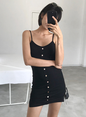 WS STUDIOS 百搭基本款性感V领单排扣螺纹修身包臀吊带打底连衣裙