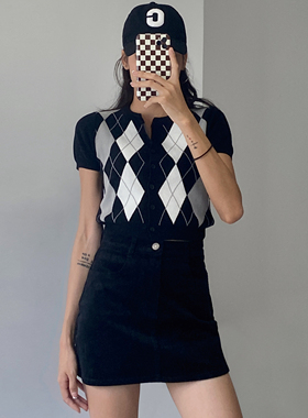 WS 美式复古学院风ins小圆领菱格排扣短袖上衣女高腰短款针织开衫