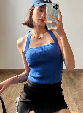 WS STUDIOS 欧美风克莱因蓝性感挂脖露背短款针织修身吊带背心女