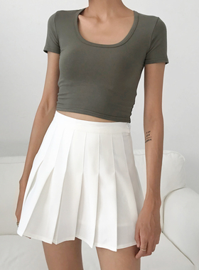 WS STUDIOS 大U领露锁骨高腰短袖上衣纯色百搭修身显瘦短款T恤女