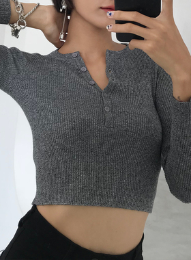 WS欧美复古纯色圆领胸前系扣高腰短款水原希子螺纹长袖针织衫上衣