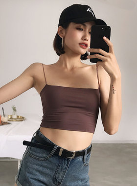 WS STUDIOS 极细肩带双层面料平口纯色修身短款高腰打底吊带背心