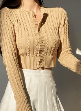 WS STUDIOS 欧美复古麻花针织开衫女圆领单排扣修身短款长袖毛衣