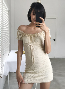 WS STUDIOS欧美性感收腰绑带修身弹力一字肩蕾丝短袖连衣裙927
