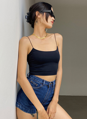 WS欧美范高腰修身双层面料平口皮筋细肩带露脐短款吊带背心女内搭