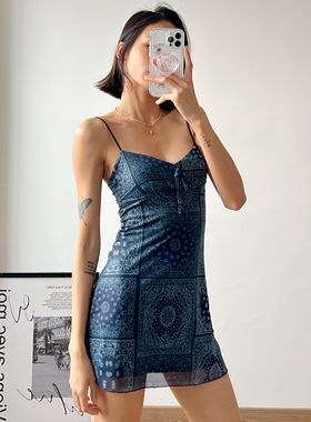 WS STUDIOS 欧美复古网纱印花系带吊带连衣裙性感修身A字短裙女