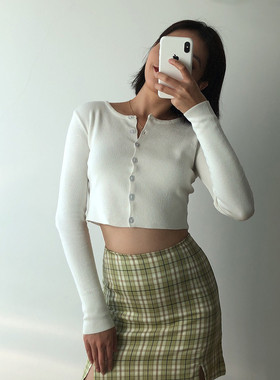 WS STUDIOS欧美圆领单排扣修身露脐短款针织开衫女打底衫9073-19