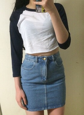 美式复古经典款 圆领高腰漏脐短款拼色插肩袖 长袖棒球衫T恤上衣