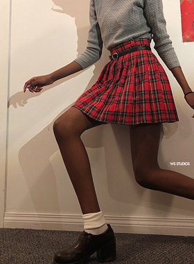 80年代美式复古少女感高腰显瘦红格子百褶裙A字半身裙女带安全裤