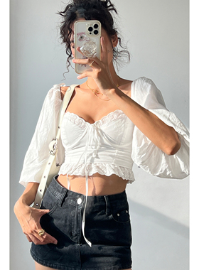 ws studios性感方领甜美蝴蝶结系带灯笼袖衬衫女高腰修身露背上衣