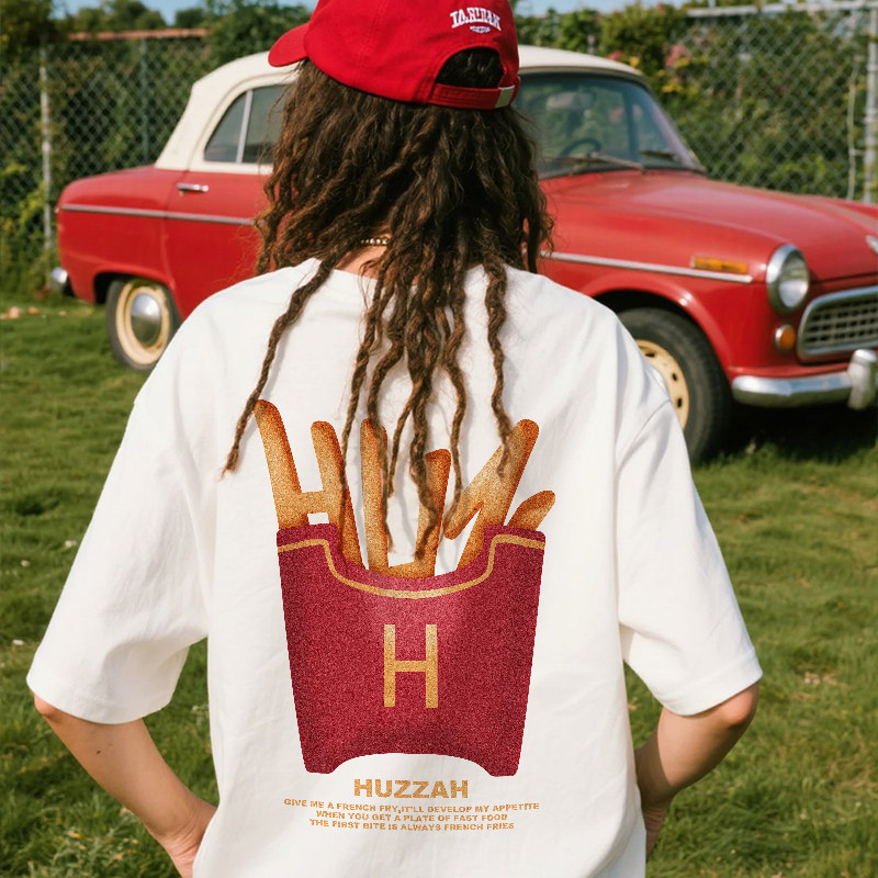 HUZZAH 薯条汉堡印花情侣T恤2024夏季国潮美式宽松纯棉短袖男女款