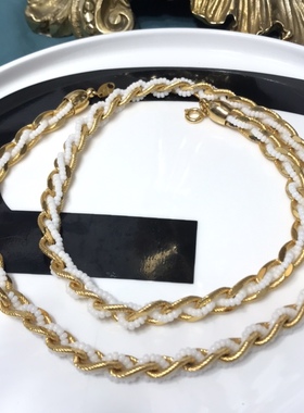 Vintage中古Trifari翠法丽金色白色米珠素链时尚长款项链80年代
