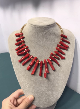 vintage中古carolee仿珊瑚长款项链红色树脂打标 80年代保存品