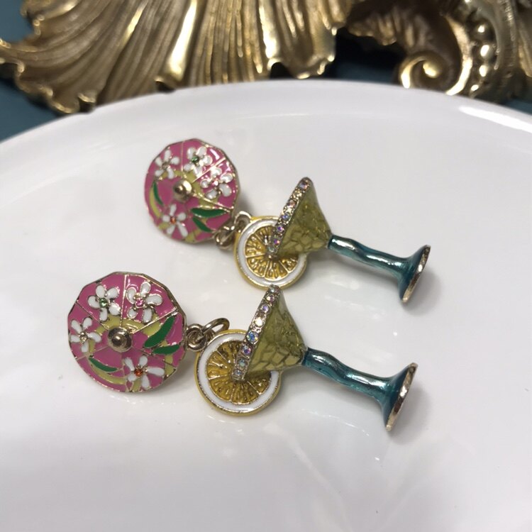 lunch at the ritz设计师柠檬鸡尾酒粉色耳环合金电镀18k金材质图片