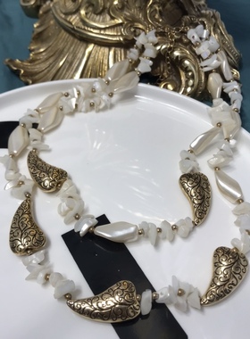 Vintage复古花纹合金象牙色树脂不规则双层短款项链 保存品