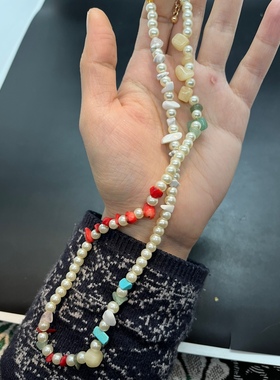 不规则天然石白色琉璃珍珠短款项链