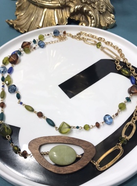 Vintage磨砂珠子天然石撞色艺术长款项链